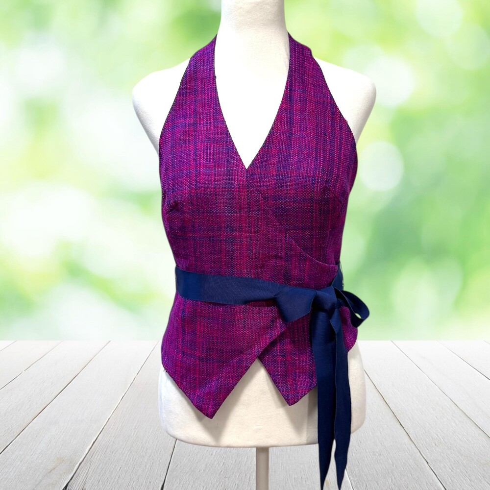 Vintage Y2K TRINA TURK Silk Halter Wrap Top Weskit Purple Tweed Made USA Size 4
